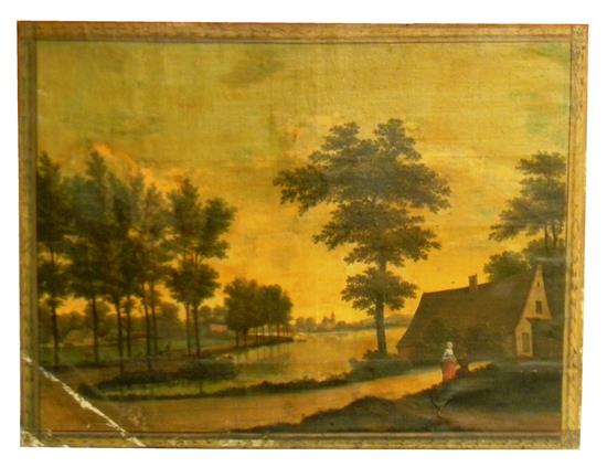 Appraisal: Large Continental oil painting on burlap canvas circa country scene