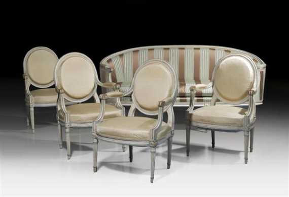 Appraisal: PAINTED SUITE Louis XVI Paris th century Comprising three-seater canap