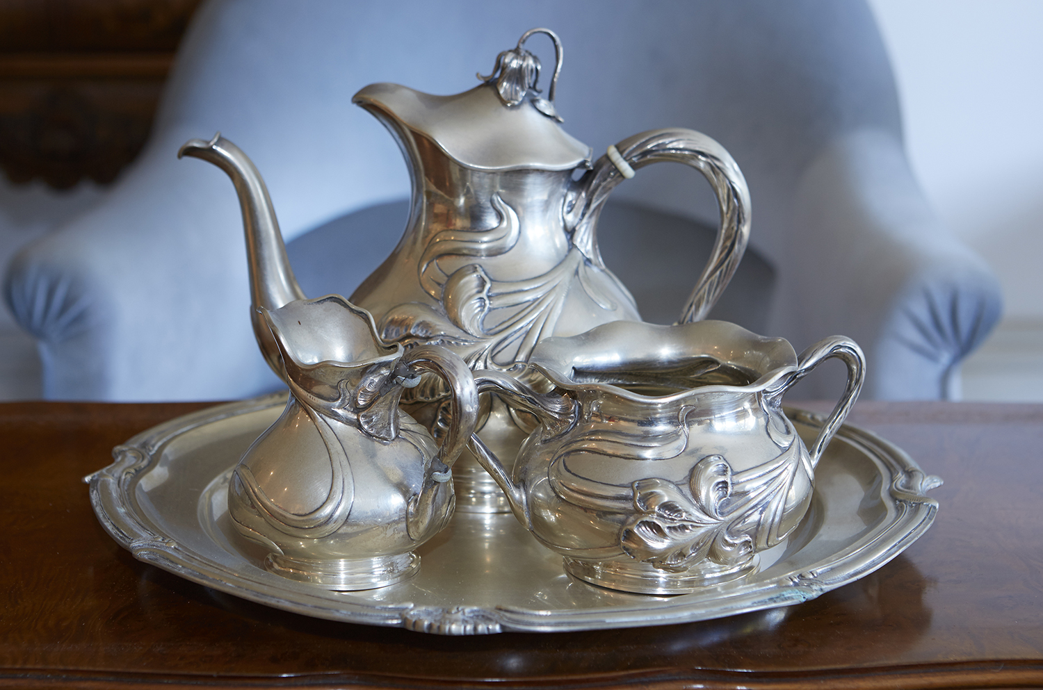 Appraisal: A FINE AUSTRIAN ART NOUVEAU SILVER THREE PIECE TEA SERVICE