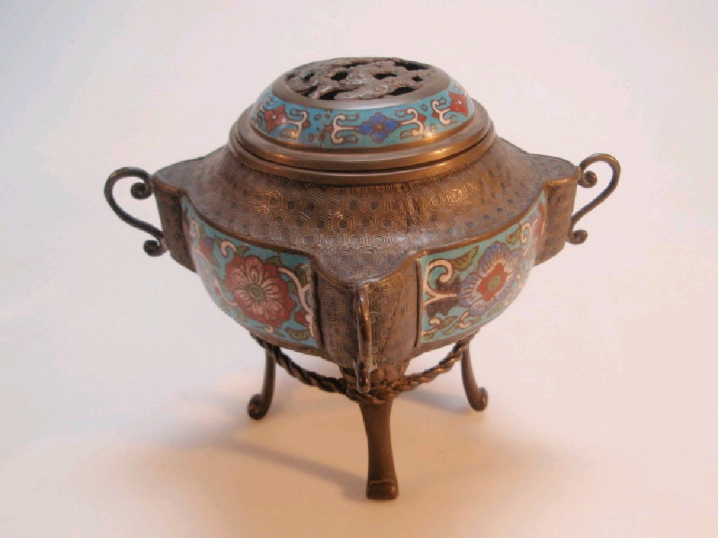 Appraisal: A late thC early thC Cloisonne tripod censor of quatrefoil