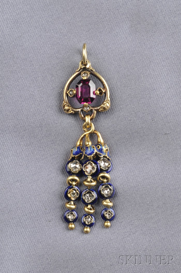 Appraisal: kt Gold Enamel Garnet and Diamond Tassel Pendant of antique