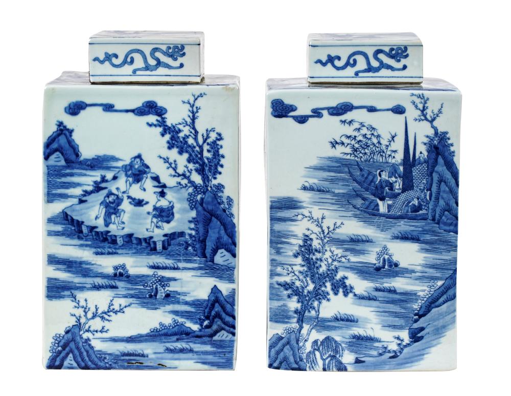 Appraisal: PAIR OF CHINESE BLUE WHITE COVERED PORCELAIN TEA CADDIESeach signed