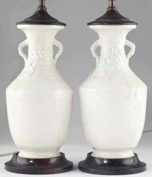 Appraisal: Pair of Blanc de Chine Porcelain Table Lampsmade from two-handled