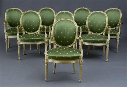 Appraisal: SET OF EIGHT LOUIS XVI-STYLE PAINTED AND PARCEL-GILT ARMCHAIRS Each