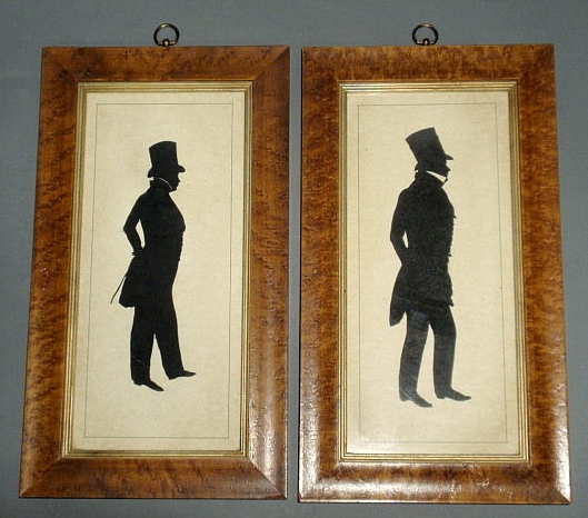 Appraisal: Pair of bird s-eye maple framed silhouettes of gentlemen each