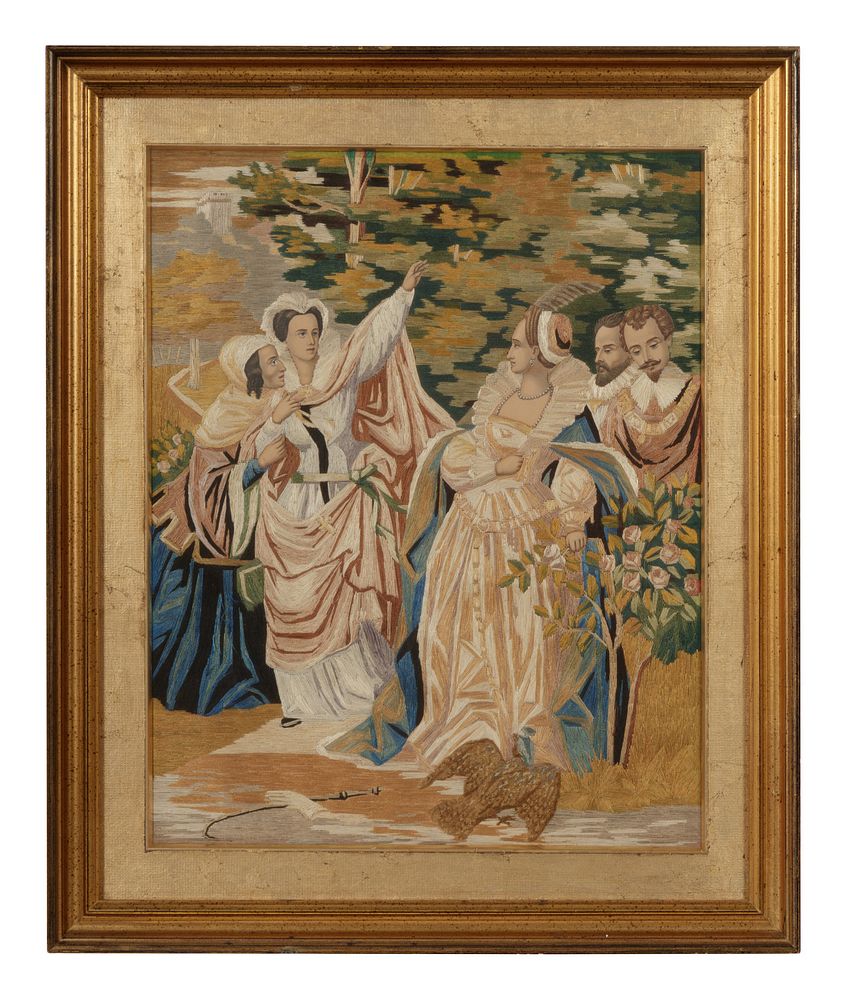 Appraisal: A Continental Silk Needlework Embroidered and Watercolor Painted Panel A