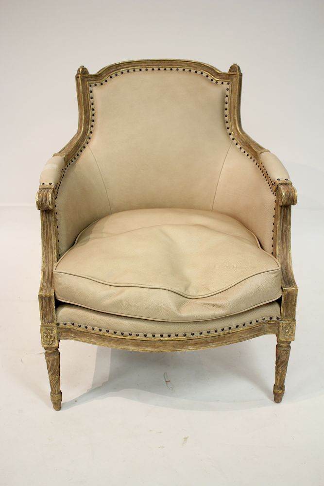 Appraisal: Louis XVI Style Giltwood Bergere Tan leather upholstery H x