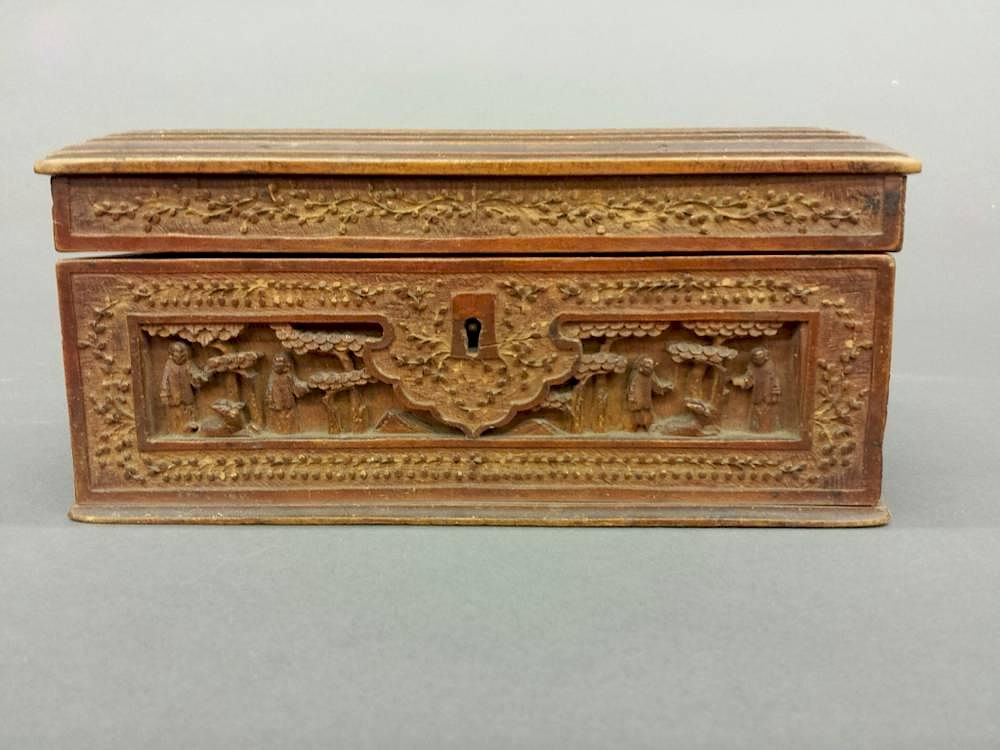 Appraisal: Chinese carved boxwood box A Chinese carved boxwood box th