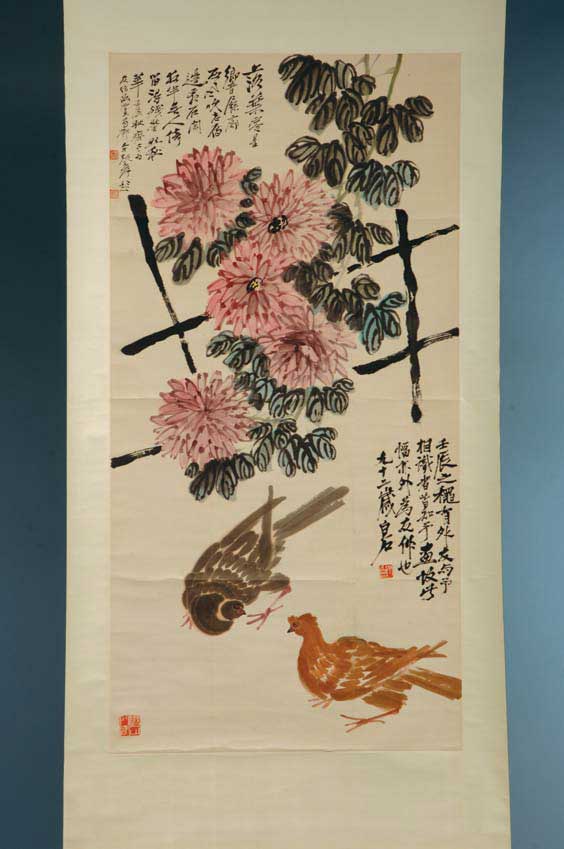 Appraisal: CHINESE SCROLL FLORAL AND FOWL Large and ornate Chinese ink