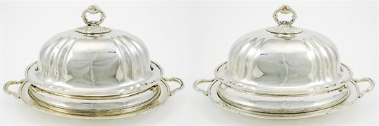 Appraisal: Pair silverplate covered meat-serving dishes reeded dome cover with floral-decorated