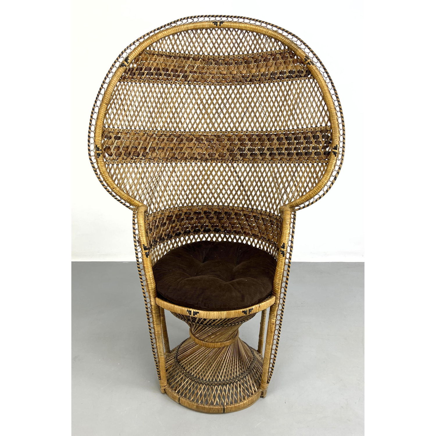 Appraisal: Woven Rattan Peacock Chair Circular Woven Exaggerated Back Loose fabric