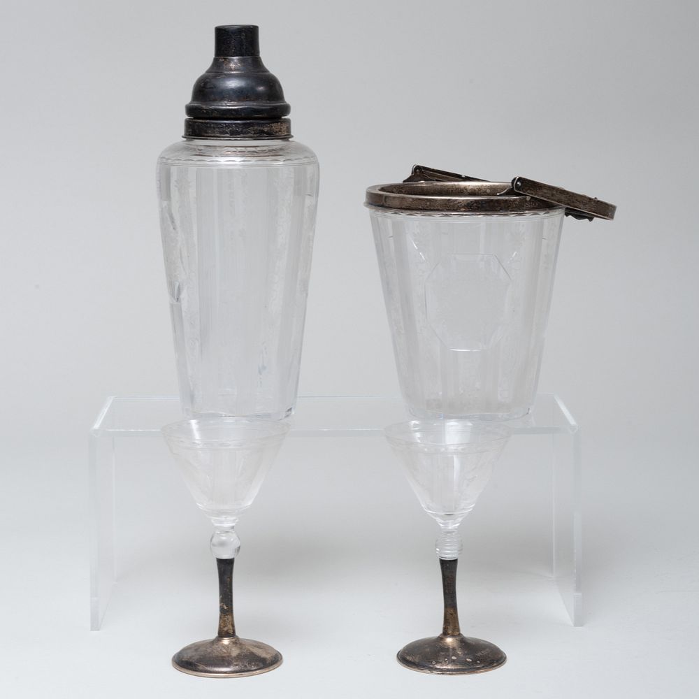 Appraisal: Udall and Ballou Silver-Mounted Etched Glass Cocktail Set Marked 'Sterling'