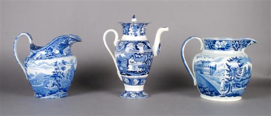 Appraisal: A Collection of Three English Transfer Printed Pitchers Height of