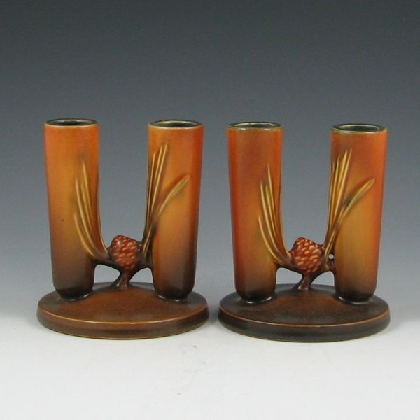 Appraisal: Roseville brown Pine Cone double candleholders Marked Roseville Mint tall