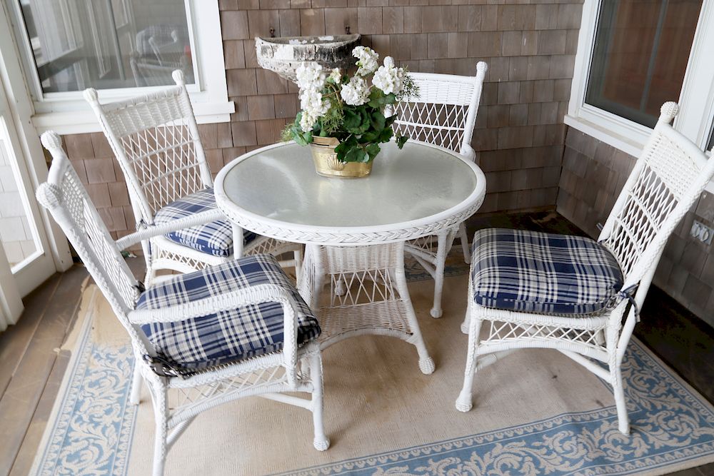 Appraisal: White Wicker Glass Top Dinette Table and Four Chairs Exclusive