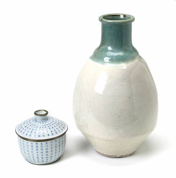 Appraisal: A Japanese porcelain green and white glazed bottle vase together