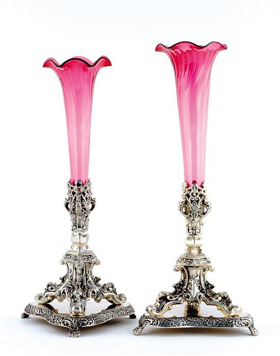 Appraisal: Pair silverplate and ruby glass epergnes flared and fluted vase