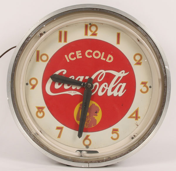 Appraisal: Vintage neon Coke advertising wall clock sign with painted face