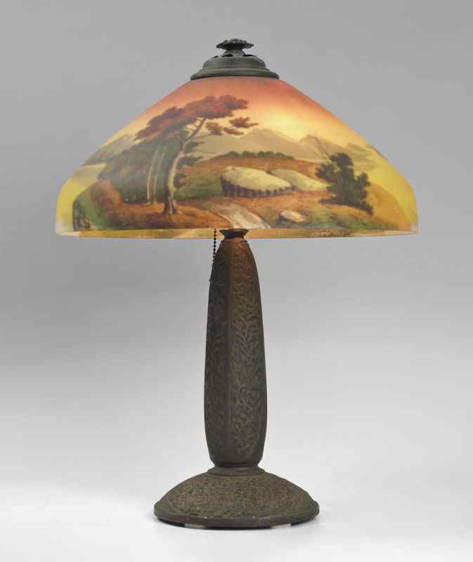 Appraisal: PHOENIX REVERSE PAINTED GLASS TABLE LAMP Reverse painted shade with