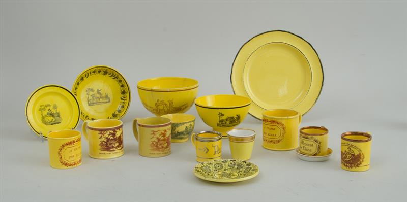 Appraisal: GROUP OF SIXTEEN YELLOWWARE ARTICLES Comprising seven cylindrical mugs 'A