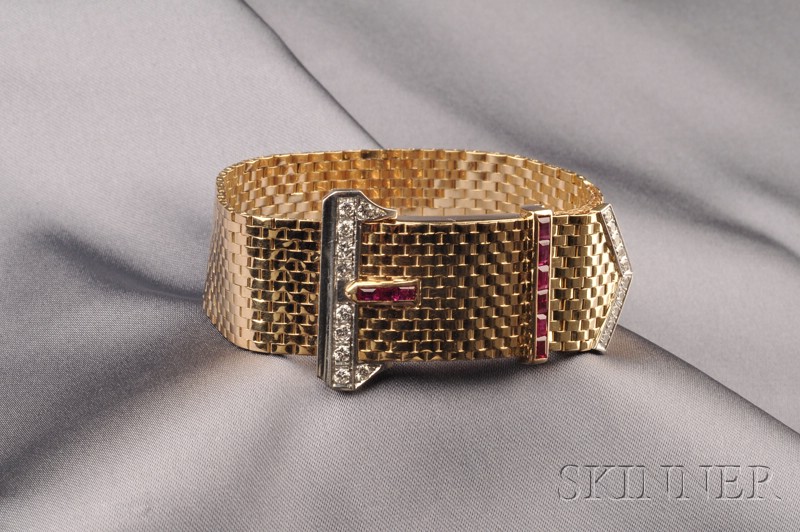 Appraisal: kt Gold Ruby and Diamond Buckle Bracelet Watch the white