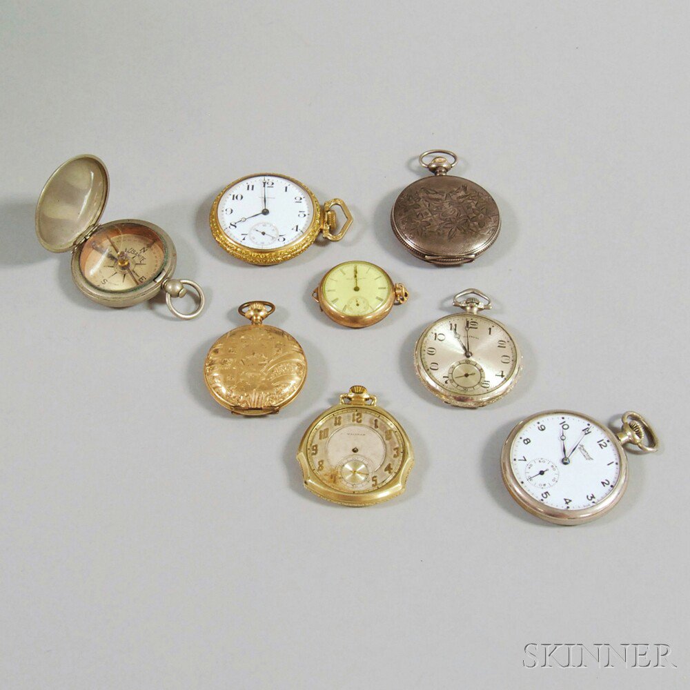 Appraisal: Seven Assorted Pocket Watches and a Compass including two open-face