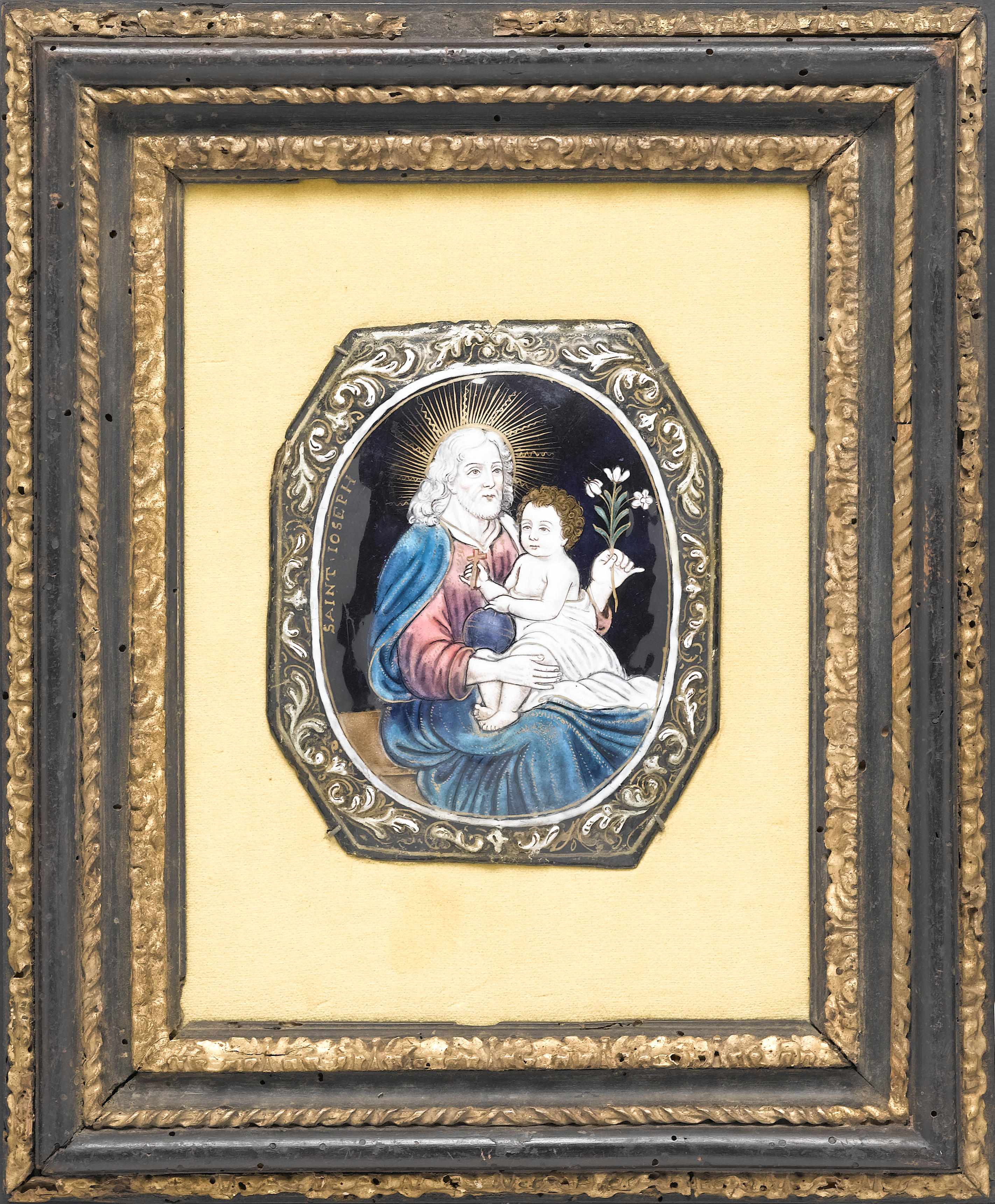 Appraisal: A Limoges enamel plaquette depicting Saint Joseph with the Christ