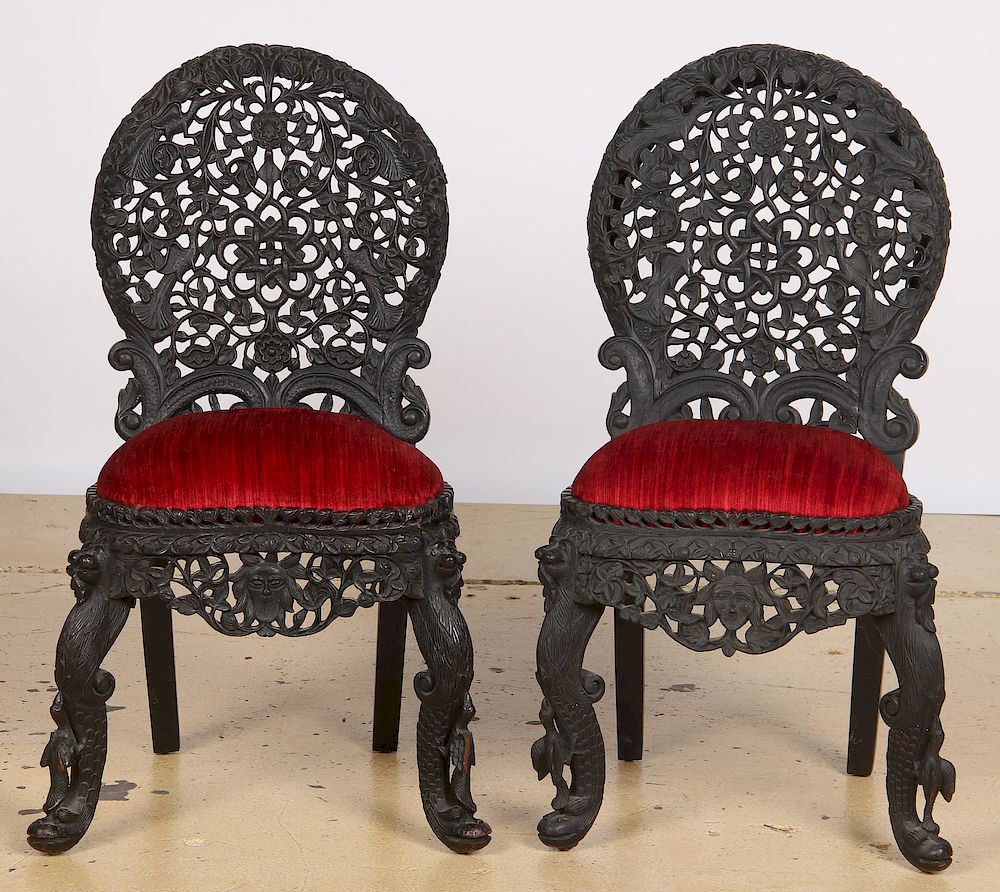 Appraisal: Pair of Antique Japanese Carved Rosewood Side Chairs Pair of