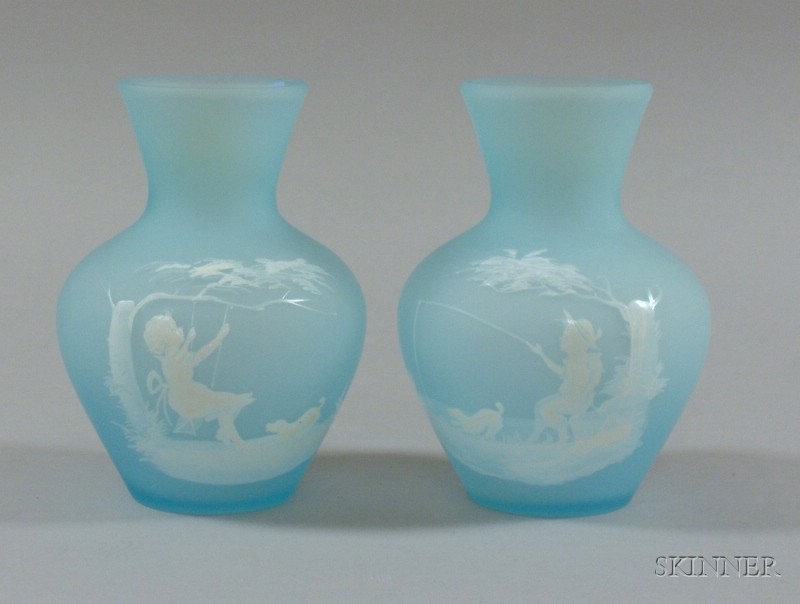 Appraisal: Pair of Mary Gregory Blue Glass Vases blue satin glass