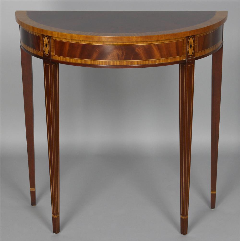 Appraisal: FEDERAL STYLE INLAID MAHOGANY DEMILUNE TABLE the demilune top with