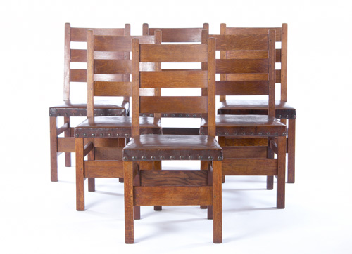 Appraisal: GUSTAV STICKLEY Set of six heavy ladderback sidechairs with horizontal