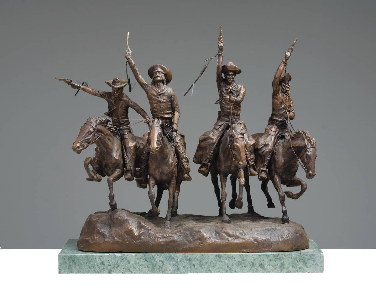 Appraisal: SMALL BRONZE FIGURAL GROUP OF FOUR HORSEMAN quot COMING THROUGH