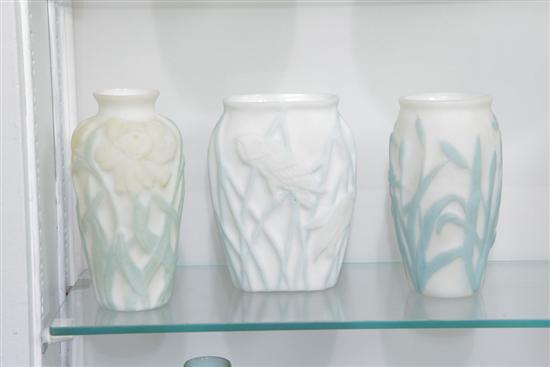 Appraisal: THREE CONSOLIDATED GLASS RELIEF DECORATED ART GLASS VASES INCLUDING A