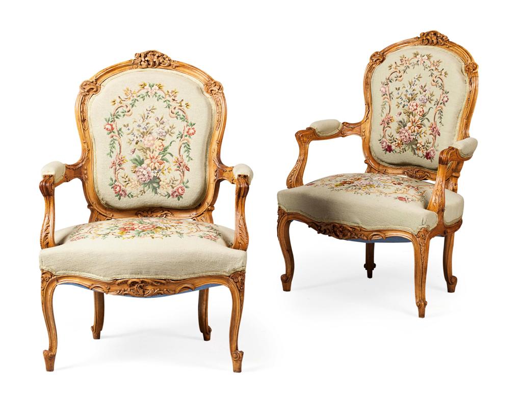 Appraisal: PAIR OF LOUIS XV STYLE WALNUT NEEDLEWORK UPHOLSTERED FAUTEUILS TH