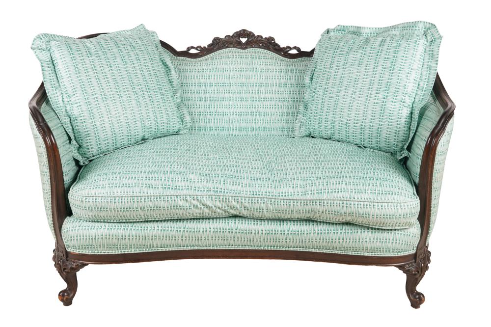 Appraisal: MAHOGANY FRAMED UPHOLSTERED LOVESEATwith removable cushion and two throw pillows