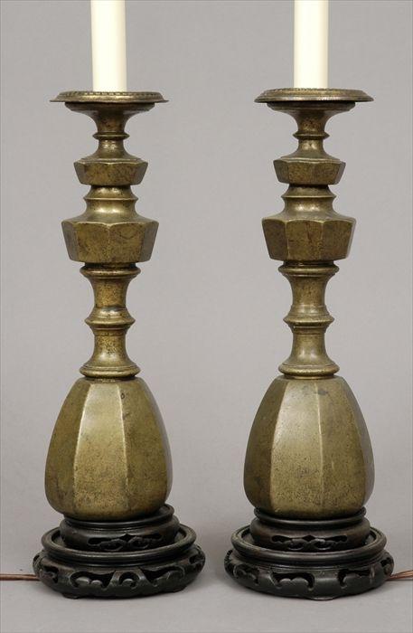 Appraisal: Pair of Chinese Brass Candlesticks Mounted as Lamps Candlesticks in