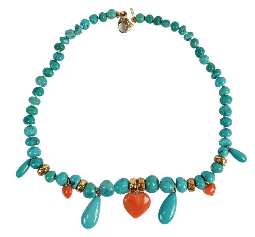 Appraisal: Turquoise Coral and Gold Necklace having coral heart shaped pendant