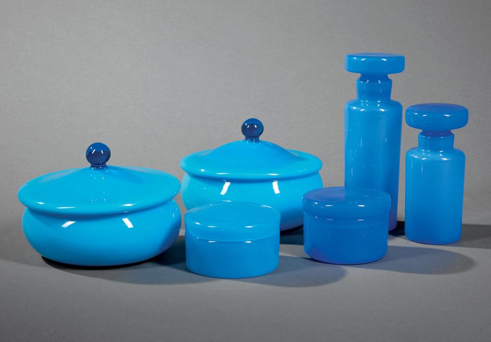 Appraisal: Six Bleu Opaline Lidded Vessels incl bowls dresser boxes and