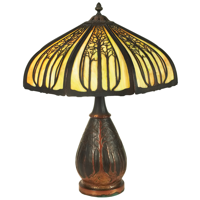 Appraisal: Arts Crafts lamp slag glass shade with metal overlay on