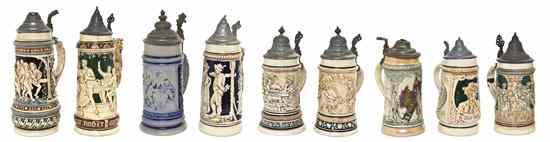 Appraisal: A Group of Nine German Pottery Steins comprising a -liter