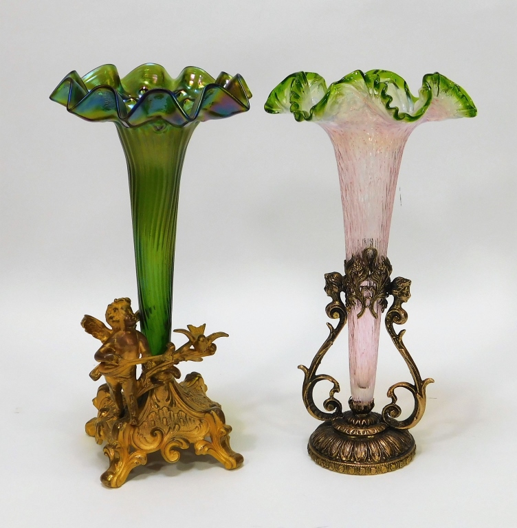 Appraisal: PR BOHEMIAN FRILLED MOUNTED ART GLASS VASES Bohemia th CenturyLot