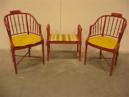 Appraisal: Pair of Windsor style painted chairs and vanity bench baker