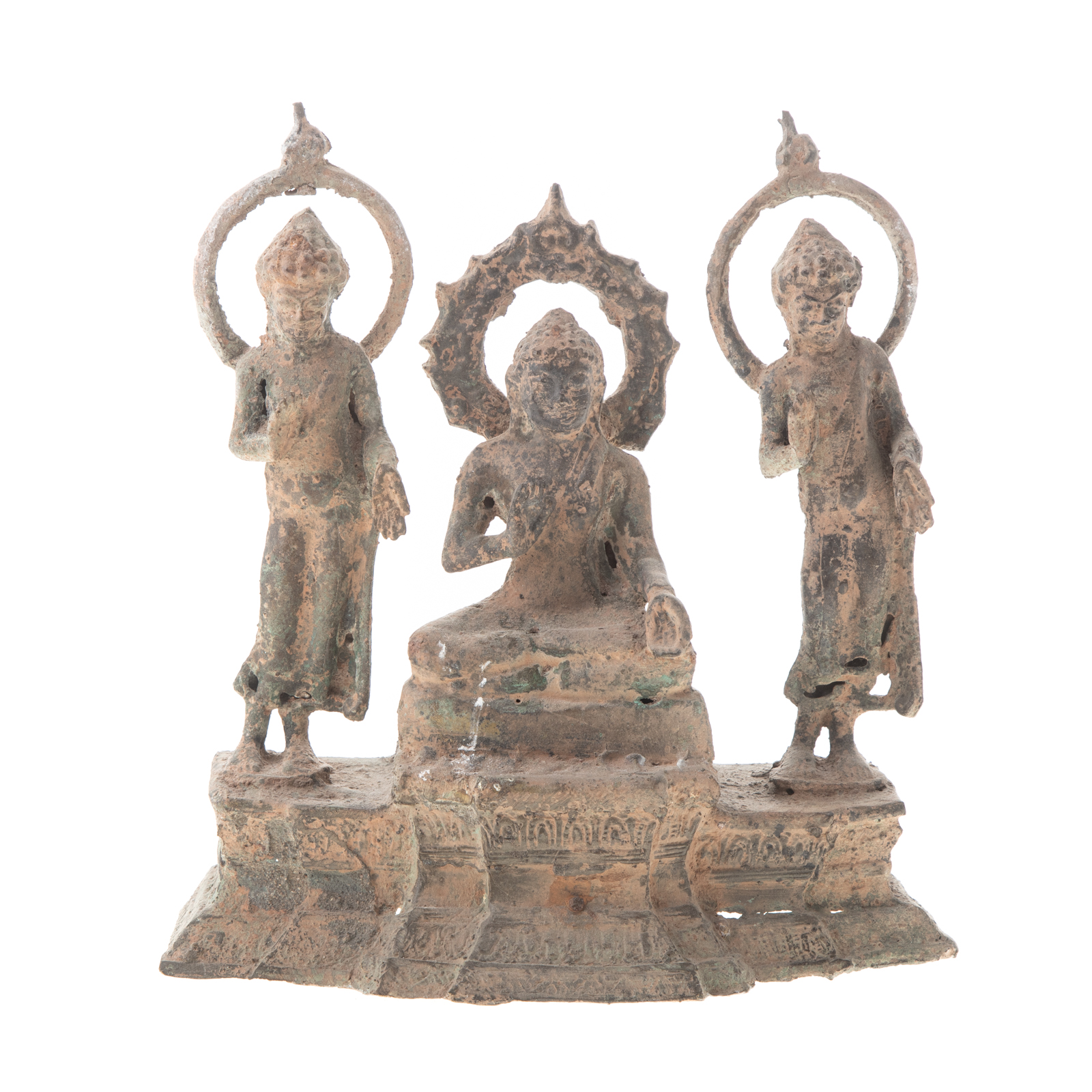 Appraisal: CHINESE BUDDHIST BRONZE SHRINE Seated Buddha flanked by Bodhisattva on