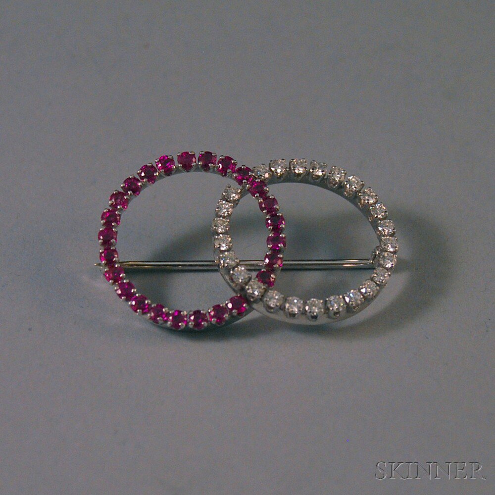 Appraisal: kt White Gold Ruby and Diamond Double Circle Pin composed