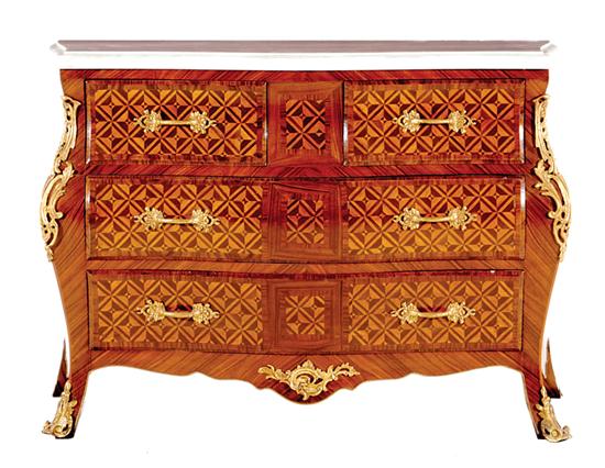 Appraisal: Pair French style marbletop and marquetry commodes serpentine molded top