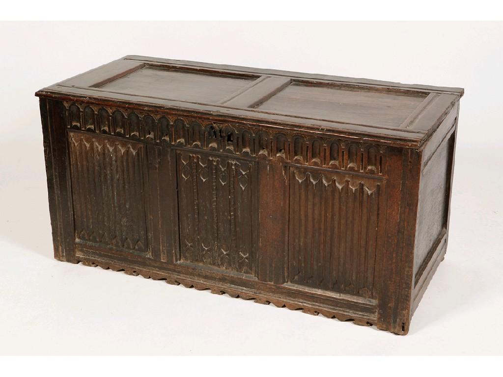 Appraisal: AN ELIZABETHAN OAK CHEST the rectangular top with twin panels