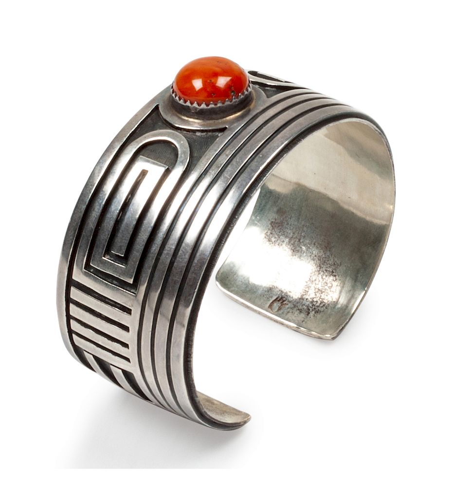 Appraisal: Ricky Coochwytewa Hopi b Silver overlay cuff bracelet with coral