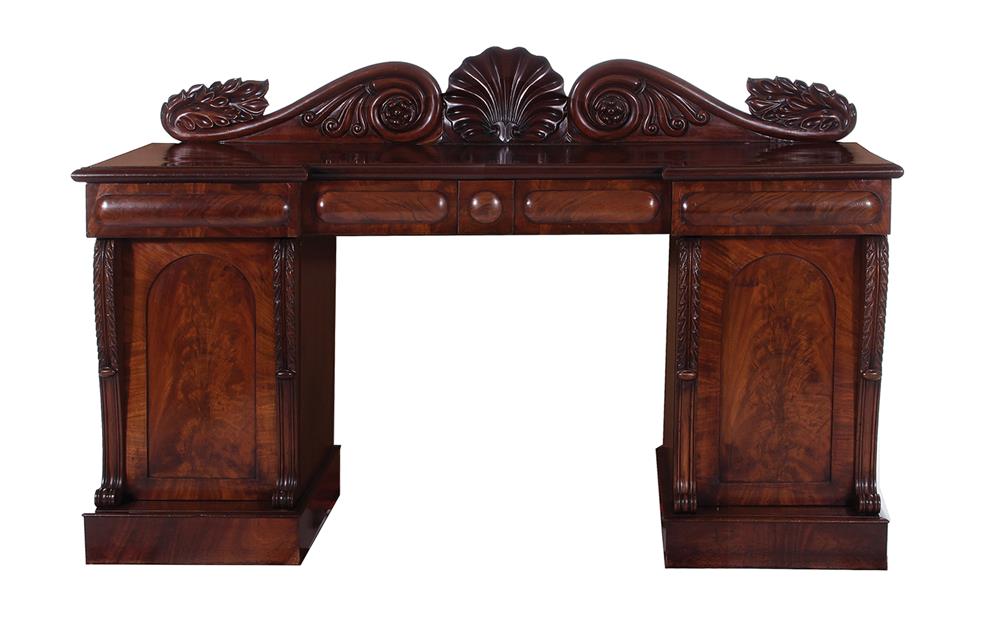 Appraisal: William IV mahogany sideboard circa scroll and shell-carved backboard carved