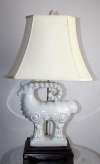 Appraisal: White ceramic stylized ram table lamp White ceramic stylized ram