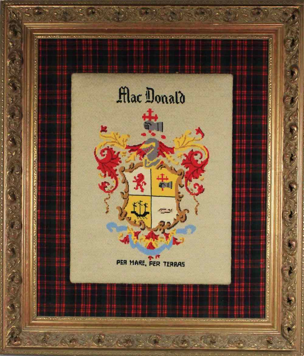 Appraisal: FRAMED MACDONALD NEEDLEPOINTED COAT OF ARMS Provenance From a diplomatic